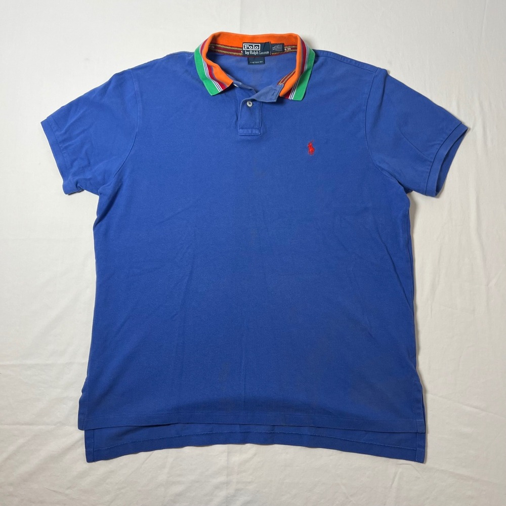 VTG Polo Ralph Lauren Mens XL Custom Fit Blue Polo Shirt Multi Stripe Collar